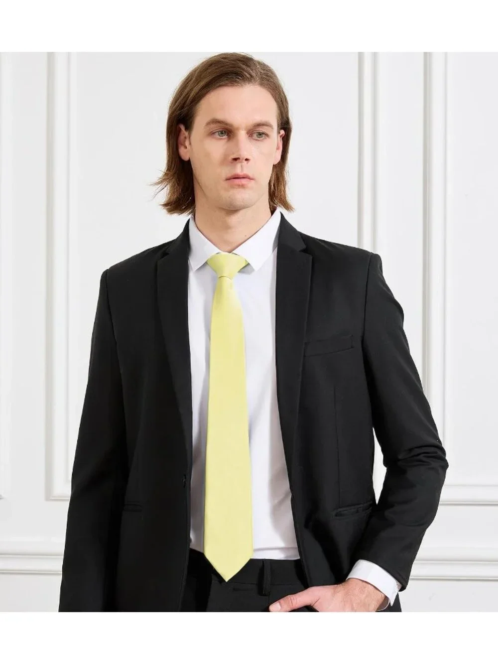 Men's Light Yellow Solid Microfiber Plain Formal Silk Necktie For Business Dress